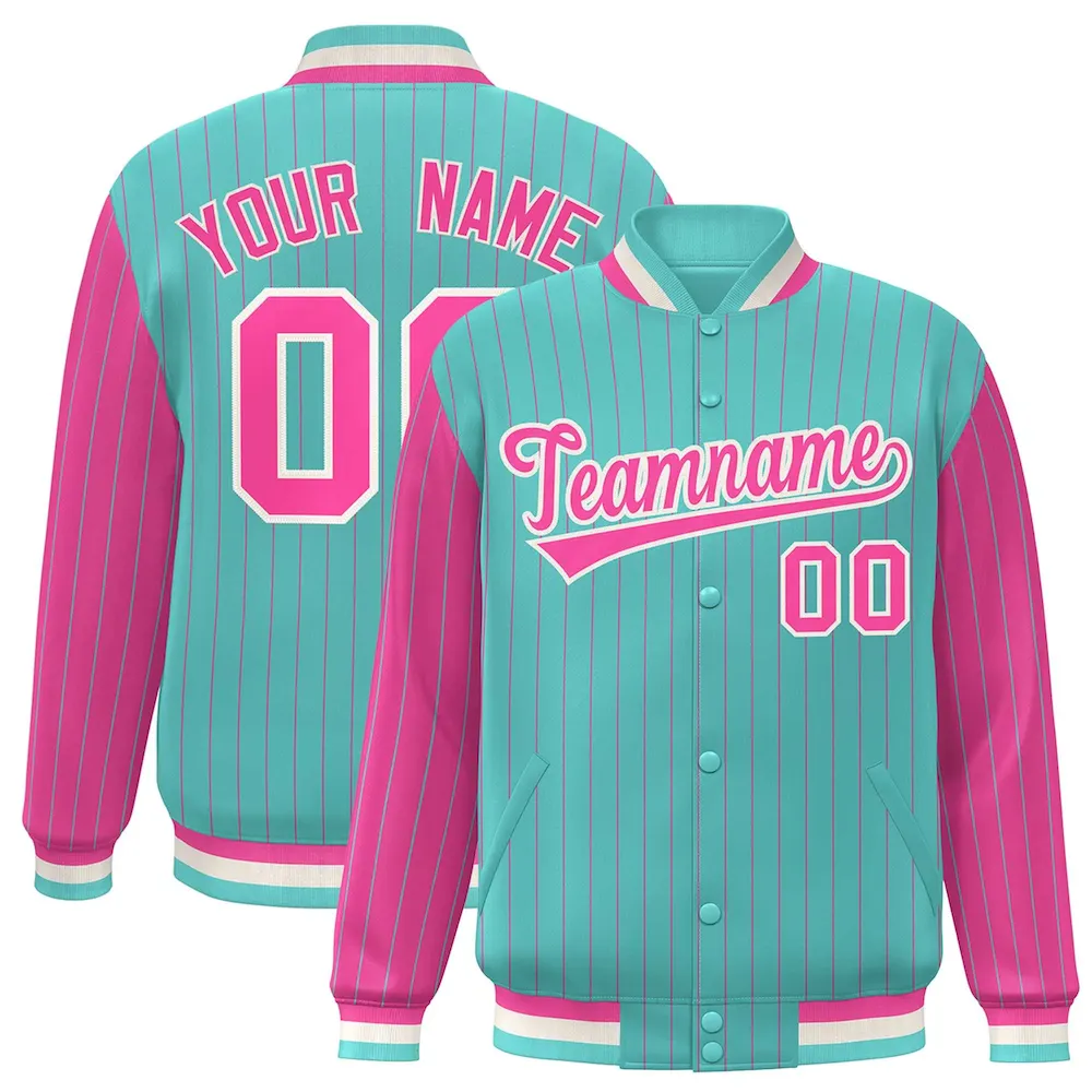 Custom Aqua Gold Raglan Sleeves Varsity Full-Snap Pinstripe Letterman Baseball Jacket