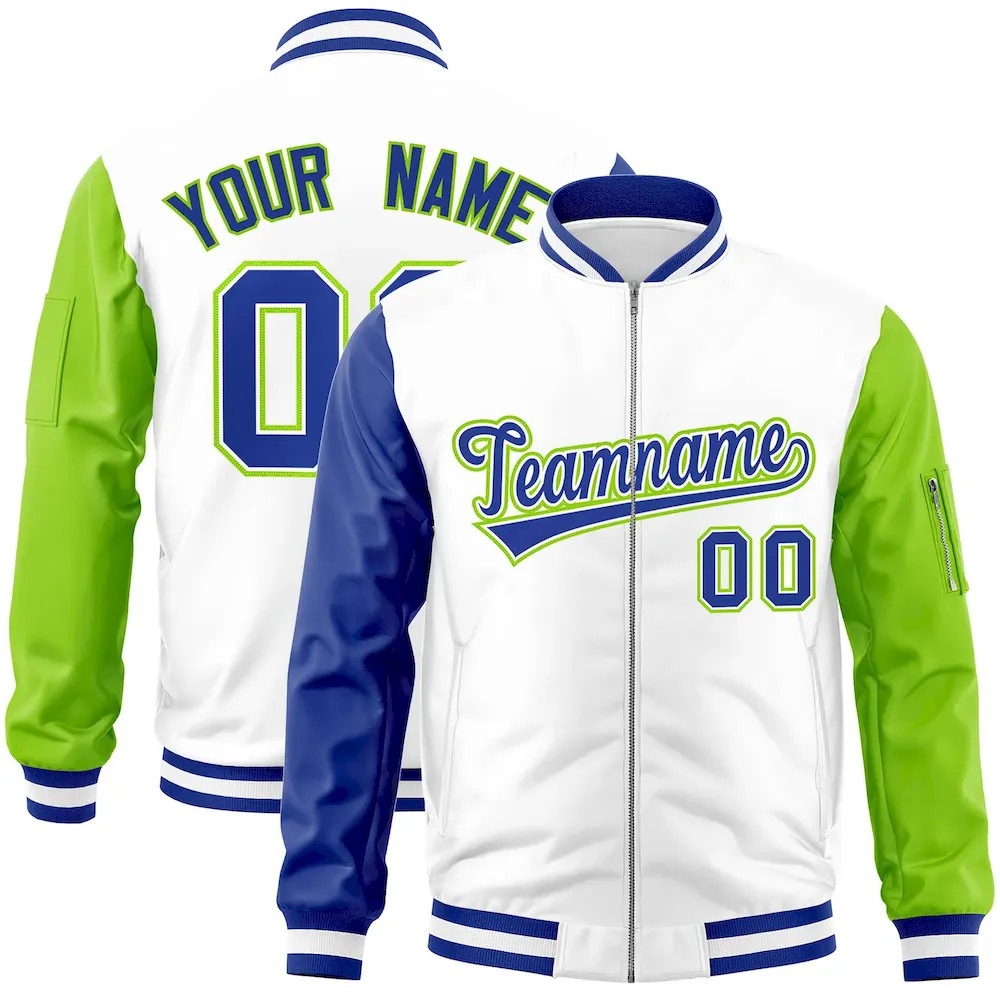 Custom White Neon Green-Royal Varsity Full-Zip Raglan Sleeves Letterman Bomber Jacket