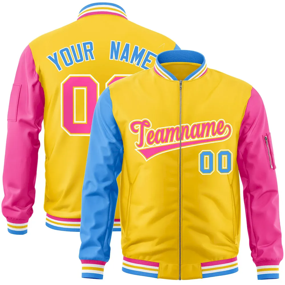 Custom Red Neon Green-Gold Varsity Full-Zip Raglan Sleeves Letterman Bomber Jacket