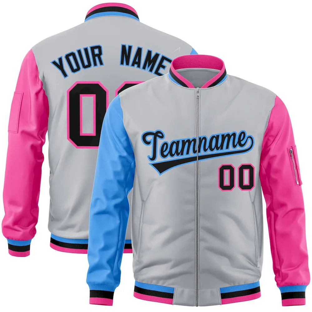 Custom Gray Pink-Powder Blue Varsity Full-Zip Raglan Sleeves Letterman Bomber Jacket