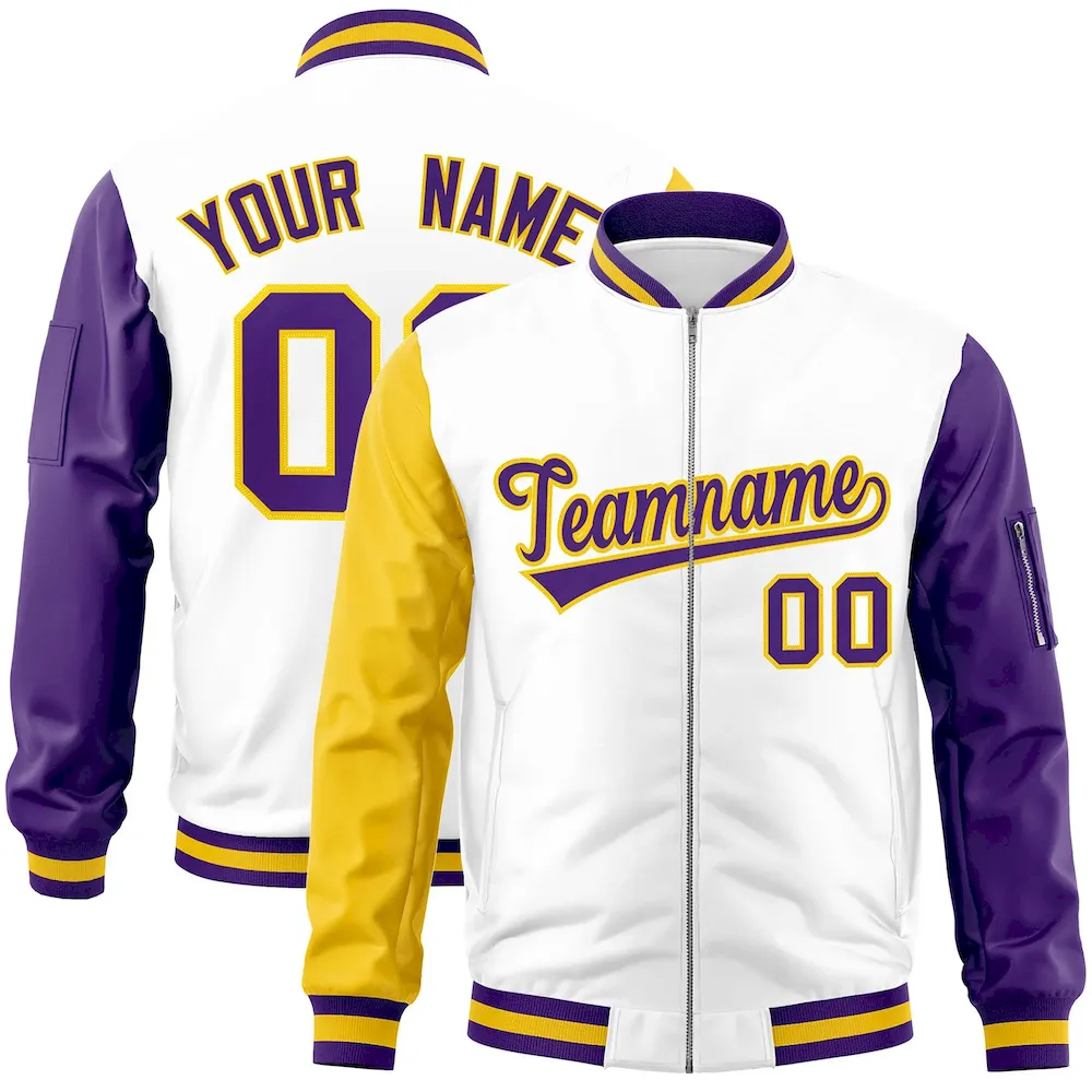 Custom White Purple-Gold Varsity Full-Zip Raglan Sleeves Letterman Bomber Jacket