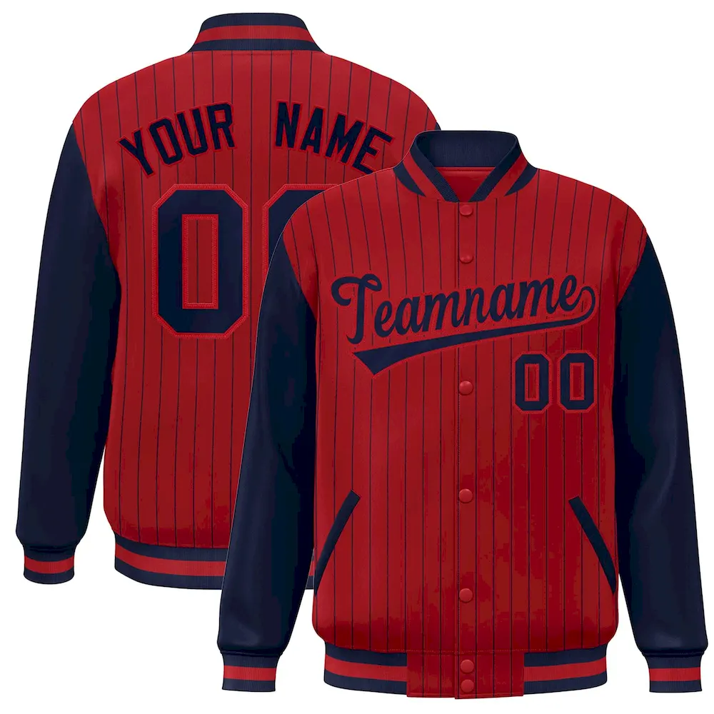 Custom Red Navy Stripe Fashion Bomber Varsity Jacket with Raglan Sleeves
