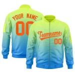 Custom Neon Green Powder Blue-Orange Varsity Full-Zip Gradient Fashion Letterman Bomber Jacket