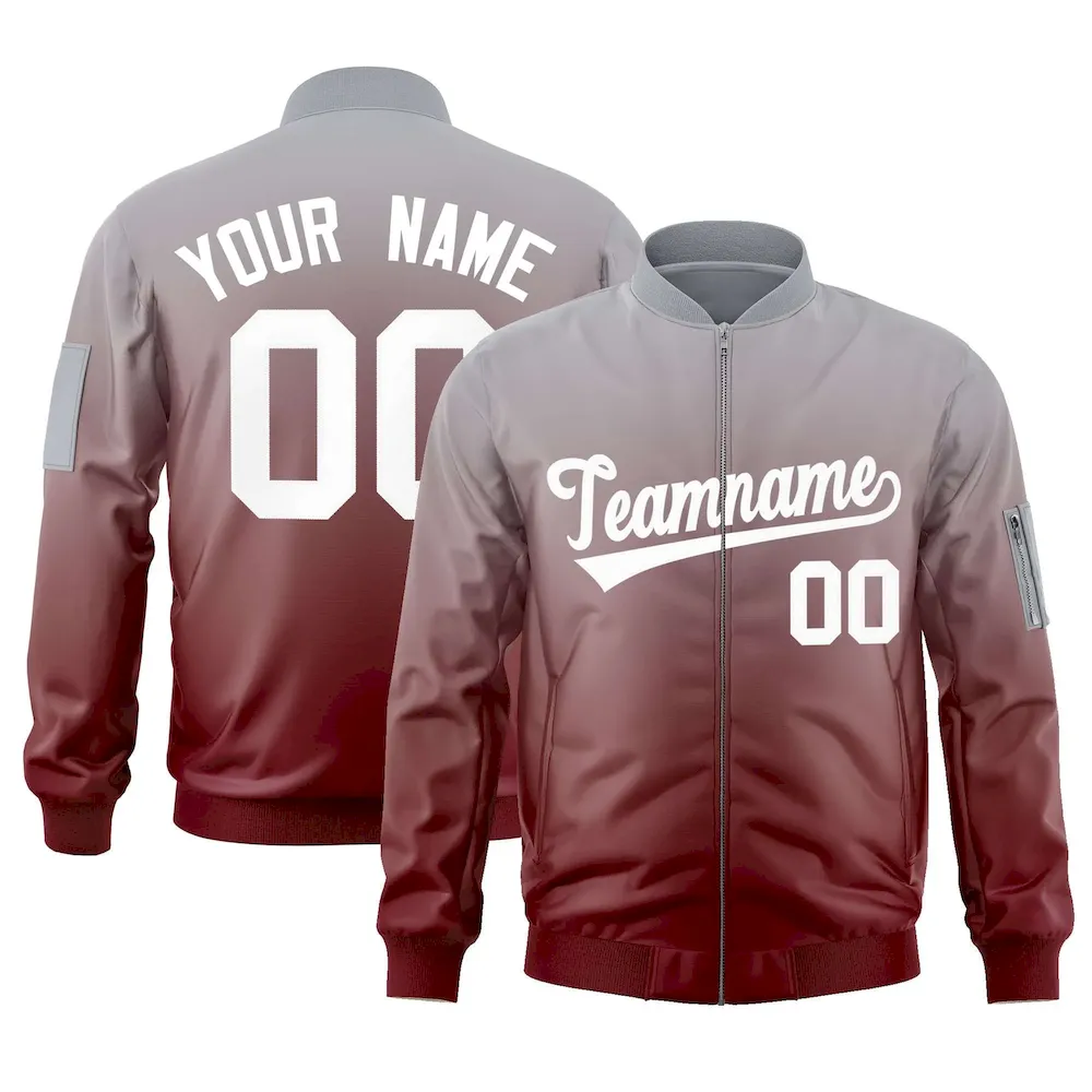 Custom Gray Crimson-White Varsity Full-Zip Gradient Fashion Letterman Bomber Jacket