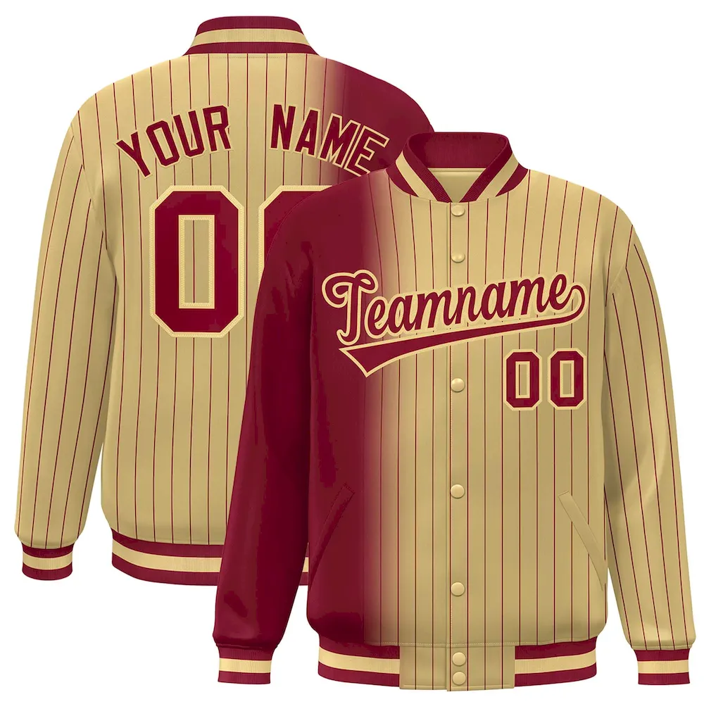 Custom Khaki Crimson Gradient Varsity Full-Snap Pinstripe Letterman Baseball Jacket
