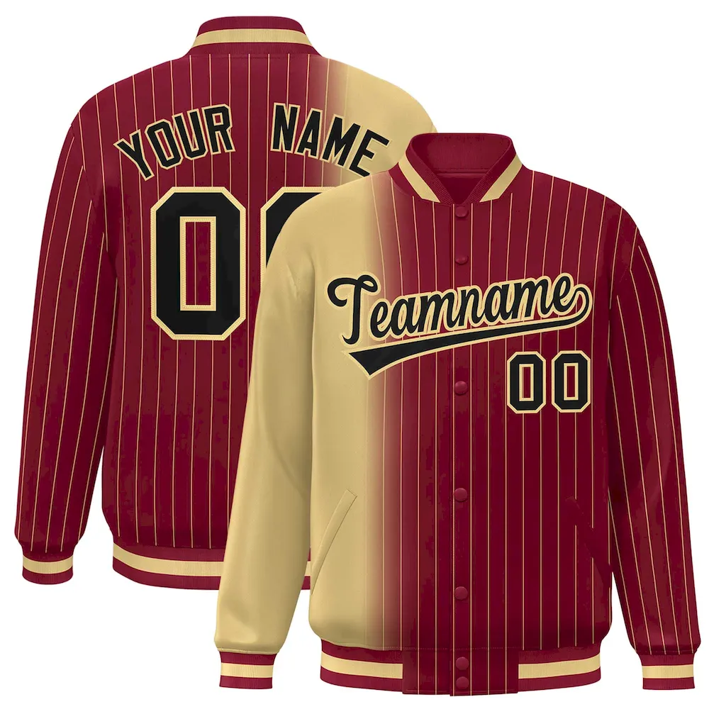Custom Crimson Khaki Gradient Varsity Full-Snap Pinstripe Letterman Baseball Jacket