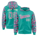 Custom Pink Aqua-Cream Raglan Sleeves Varsity Full-Snap Letterman Camo Jacket Hoodie