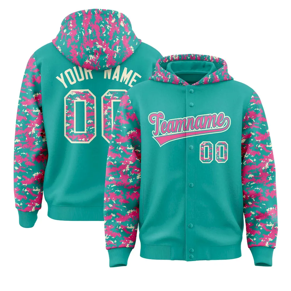 Custom Pink Aqua-Cream Raglan Sleeves Varsity Full-Snap Letterman Camo Jacket Hoodie