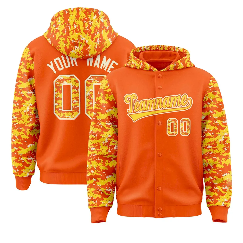 Custom Orange Gold-Cream Raglan Sleeves Varsity Full-Snap Letterman Camo Jacket Hoodie