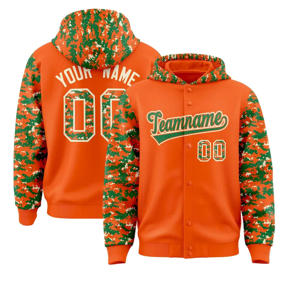 Custom Orange Kelly Green-Cream Raglan Sleeves Varsity Full-Snap Letterman Camo Jacket Hoodie