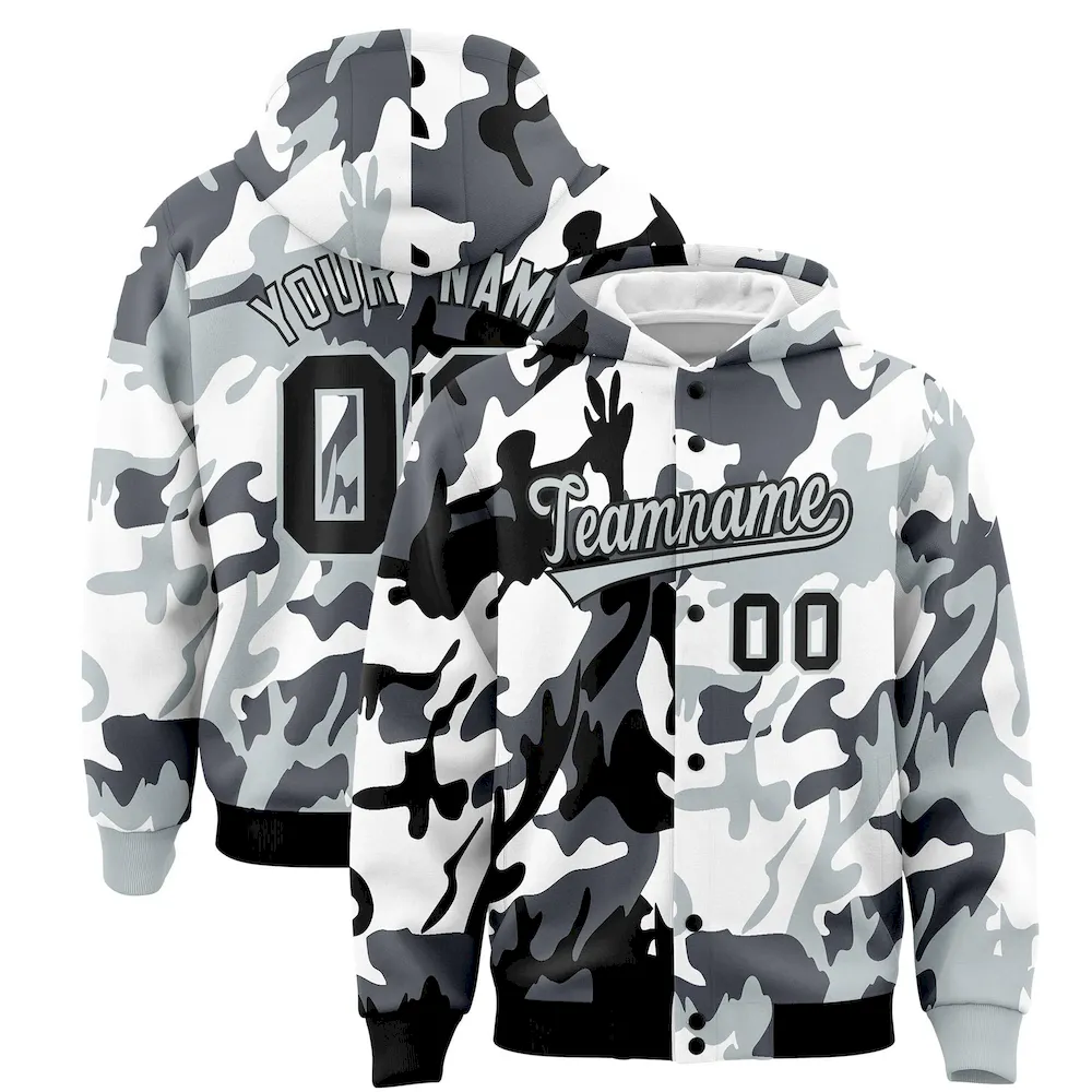 Custom Black Silver Full-Snap Varsity Two Tone Personalized Letterman Camo Jacket Hoodie