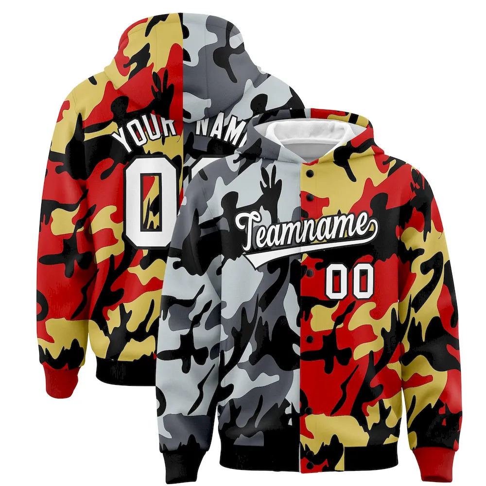 Custom Black Red Full-Snap Varsity Two Tone Personalized Letterman Camo Jacket Hoodie