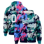 Custom Navy Aqua Full-Snap Varsity Two Tone Personalized Letterman Camo Jacket Hoodie
