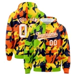 Custom Neon Green Orange Full-Snap Varsity Two Tone Personalized Letterman Camo Jacket Hoodie
