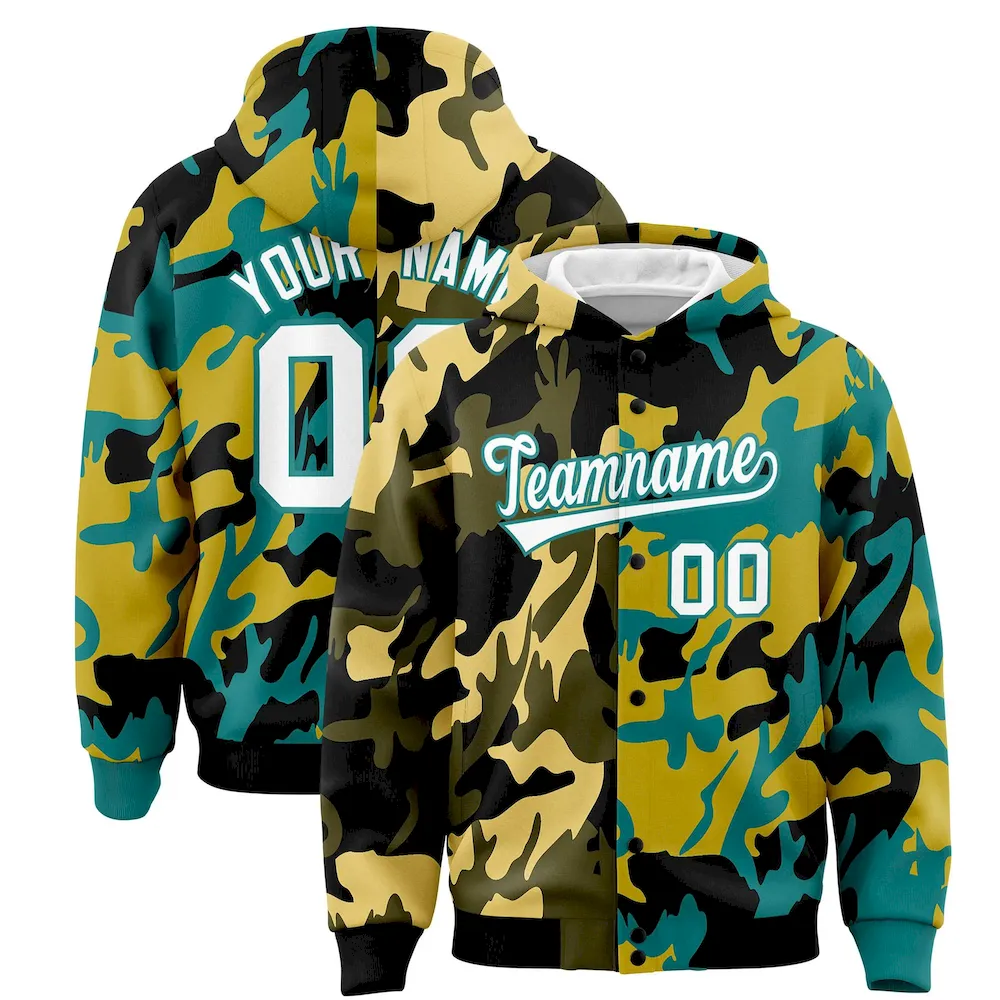 Custom Black Aqua Full-Snap Varsity Two Tone Personalized Letterman Camo Jacket Hoodie