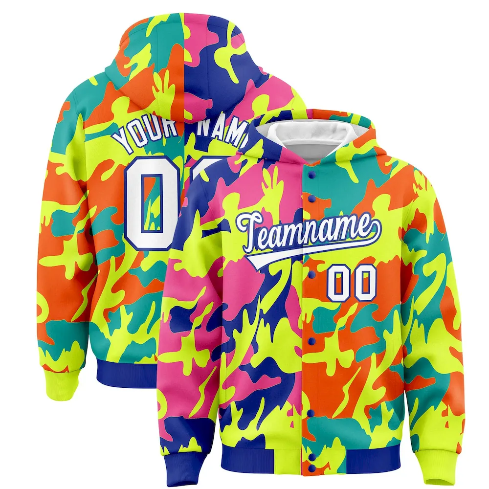 Custom Royal Green Full-Snap Varsity Two Tone Personalized Letterman Camo Jacket Hoodie