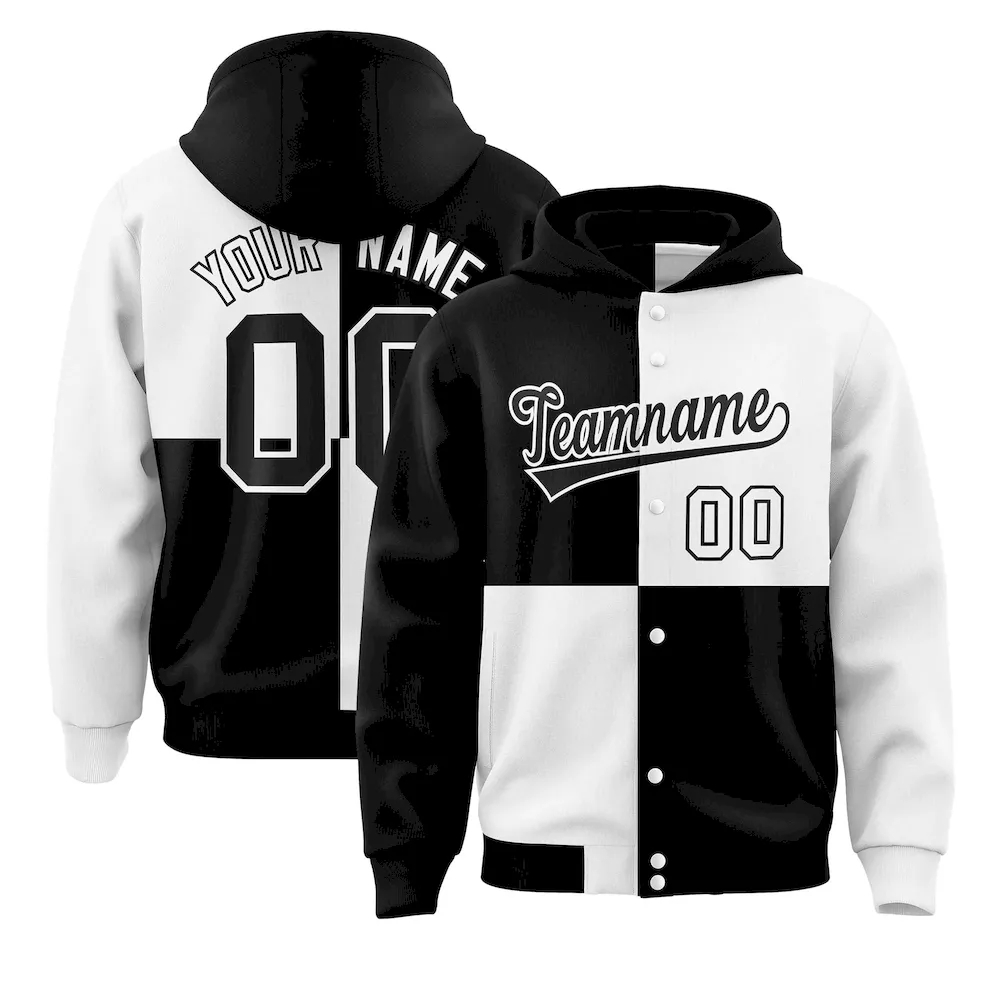 Custom Black White Varsity Full-Snap Four Squares Color Block Letterman Jacket Hoodie