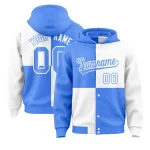 Custom Powder Blue White Varsity Full-Snap Four Squares Color Block Letterman Jacket Hoodie