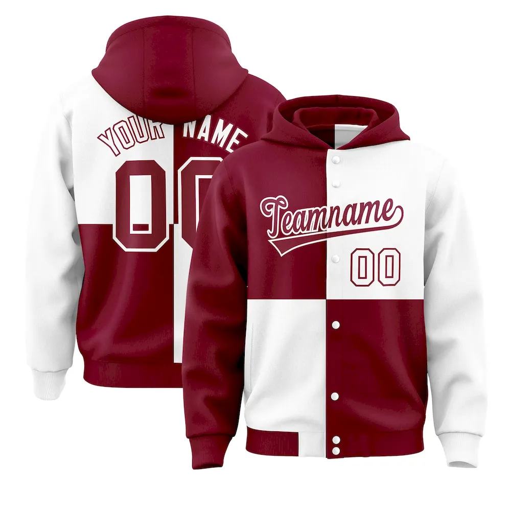 Custom Crimson White Varsity Full-Snap Four Squares Color Block Letterman Jacket Hoodie