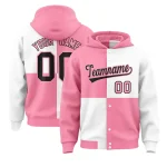 Custom Light Pink White Varsity Full-Snap Four Squares Color Block Letterman Jacket Hoodie