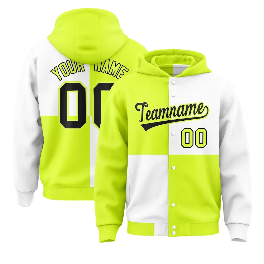 Custom Green White Varsity Full-Snap Four Squares Color Block Letterman Jacket Hoodie