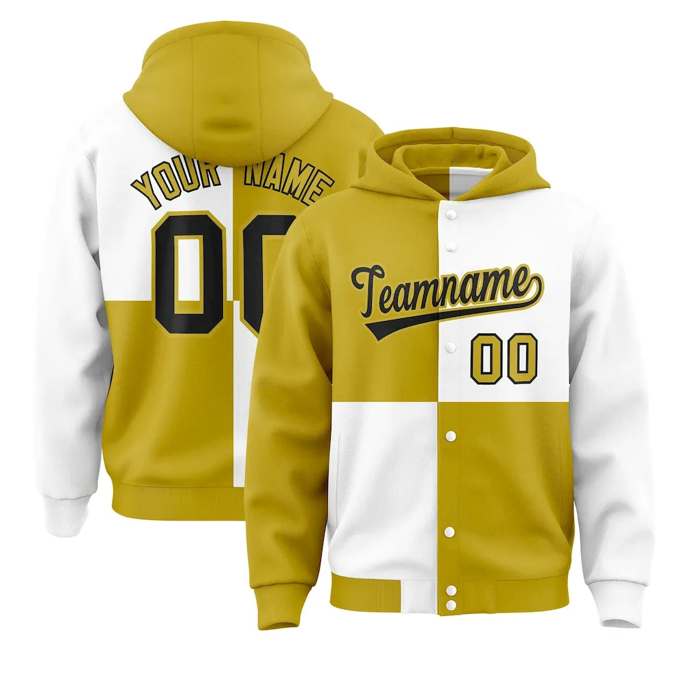 Custom Old Gold White Varsity Full-Snap Four Squares Color Block Letterman Jacket Hoodie