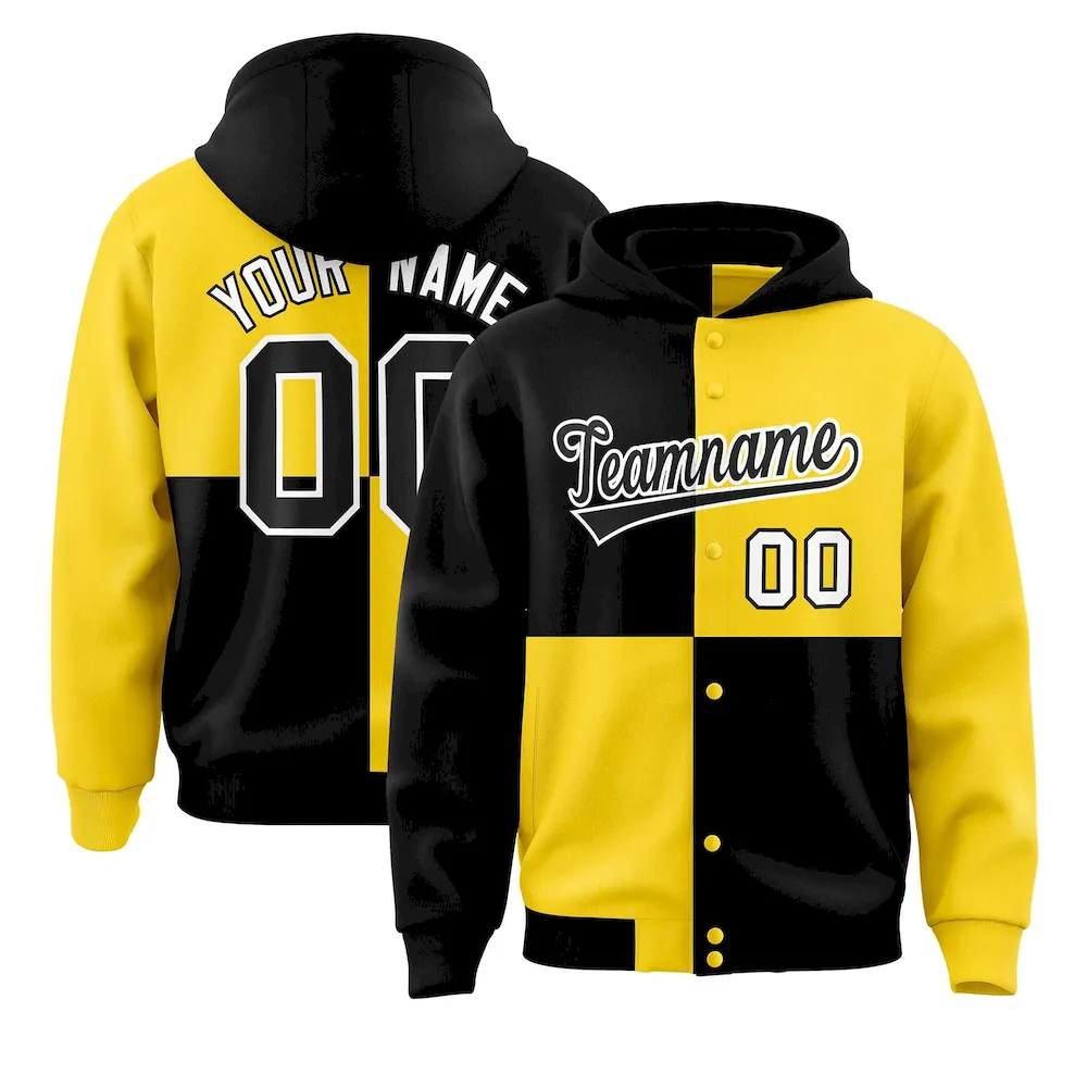 Custom Black Gold Varsity Full-Snap Four Squares Color Block Letterman Jacket Hoodie