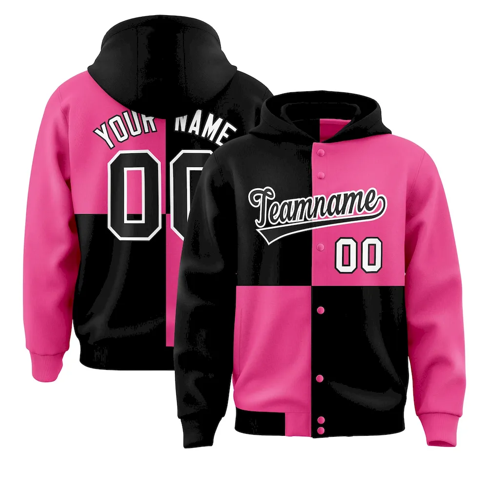 Custom Black Pink Varsity Full-Snap Four Squares Color Block Letterman Jacket Hoodie