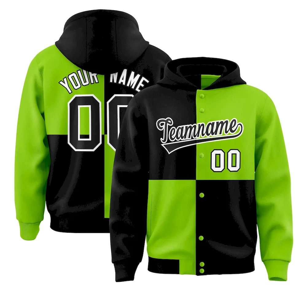 Custom Black Neon Green Varsity Full-Snap Four Squares Color Block Letterman Jacket Hoodie