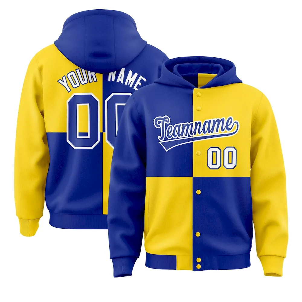 Custom Royal Gold Varsity Full-Snap Four Squares Color Block Letterman Jacket Hoodie