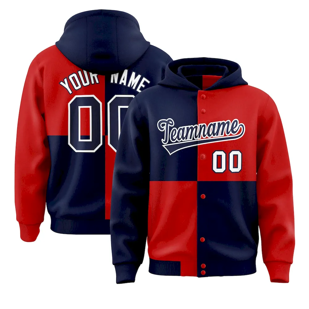 Custom Navy Red Varsity Full-Snap Four Squares Color Block Letterman Jacket Hoodie