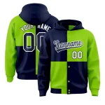Custom Navy Neon Green Varsity Full-Snap Four Squares Color Block Letterman Jacket Hoodie