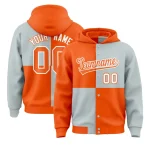 Custom Orange Silver Varsity Full-Snap Four Squares Color Block Letterman Jacket Hoodie