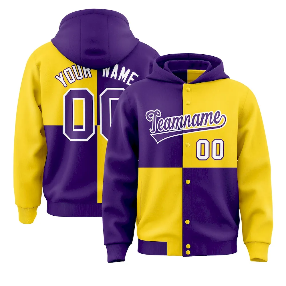 Custom Purple Gold Varsity Full-Snap Four Squares Color Block Letterman Jacket Hoodie