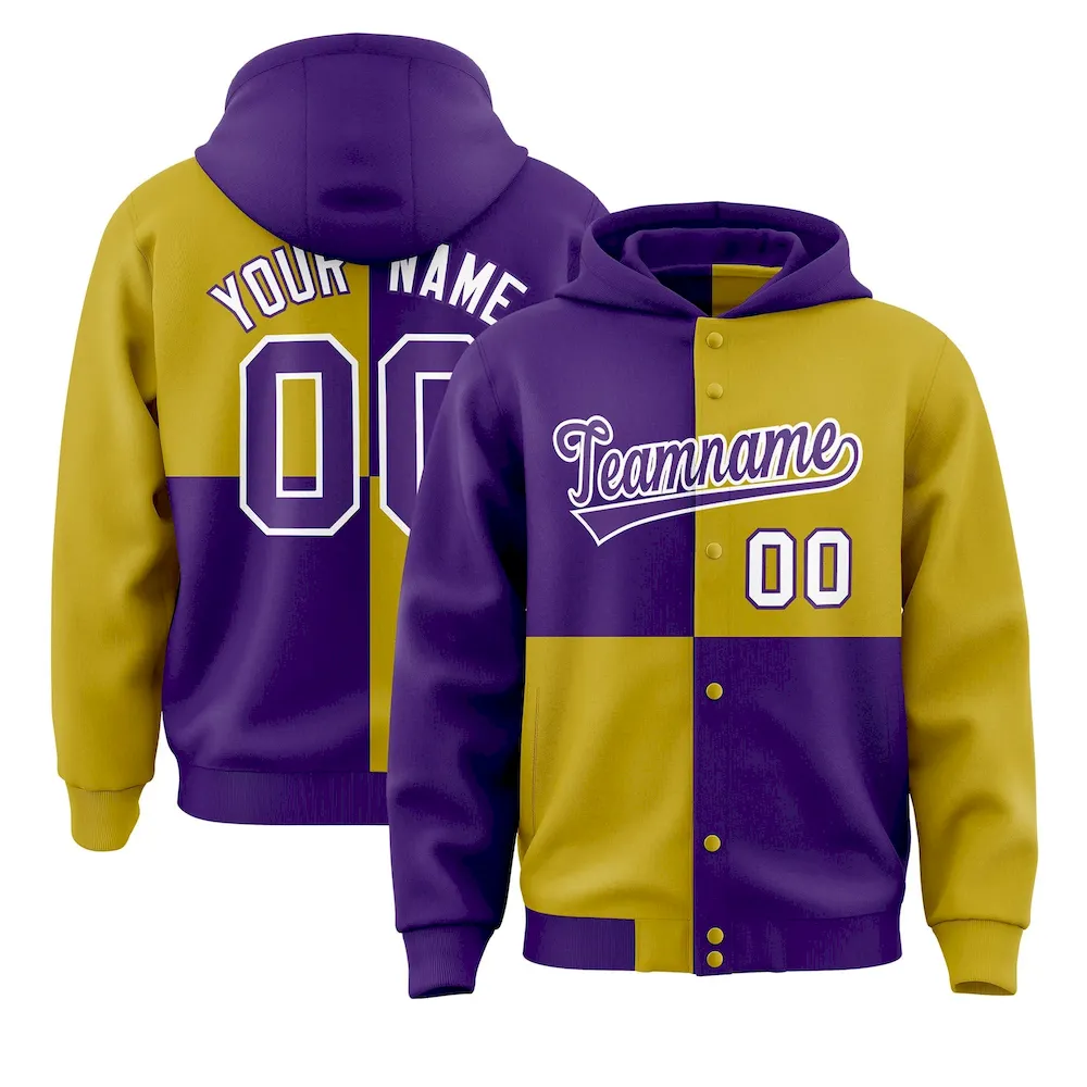 Custom Purple Old Gold Varsity Full-Snap Four Squares Color Block Letterman Jacket Hoodie
