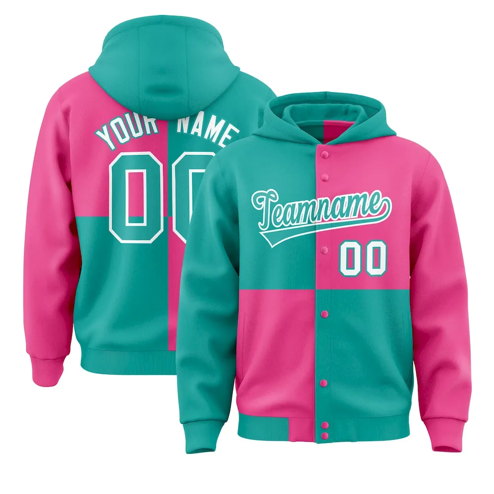 Custom Aqua Pink Varsity Full-Snap Four Squares Color Block Letterman Jacket Hoodie