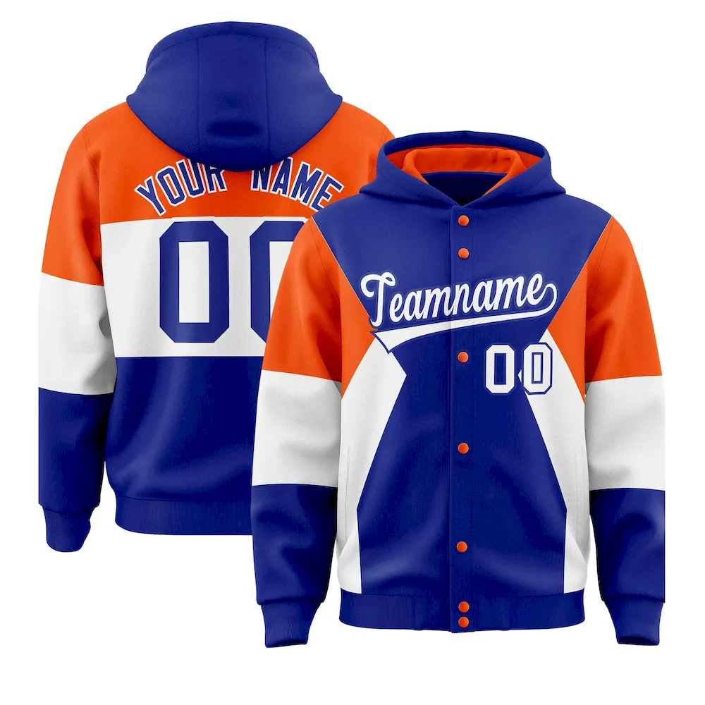 Custom Royal Orange-White Color Block Varsity Full-Snap Letterman Jacket Hoodie