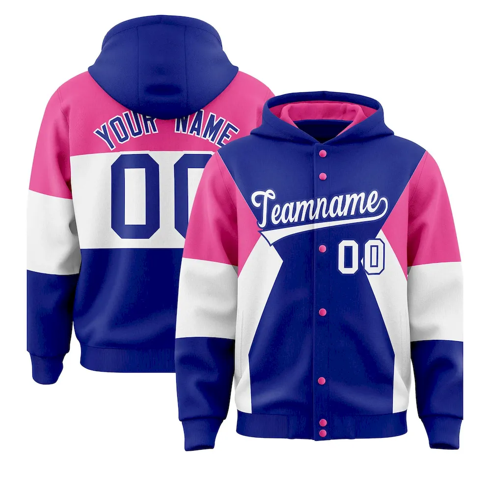 Custom Royal Pink-White Color Block Varsity Full-Snap Letterman Jacket Hoodie