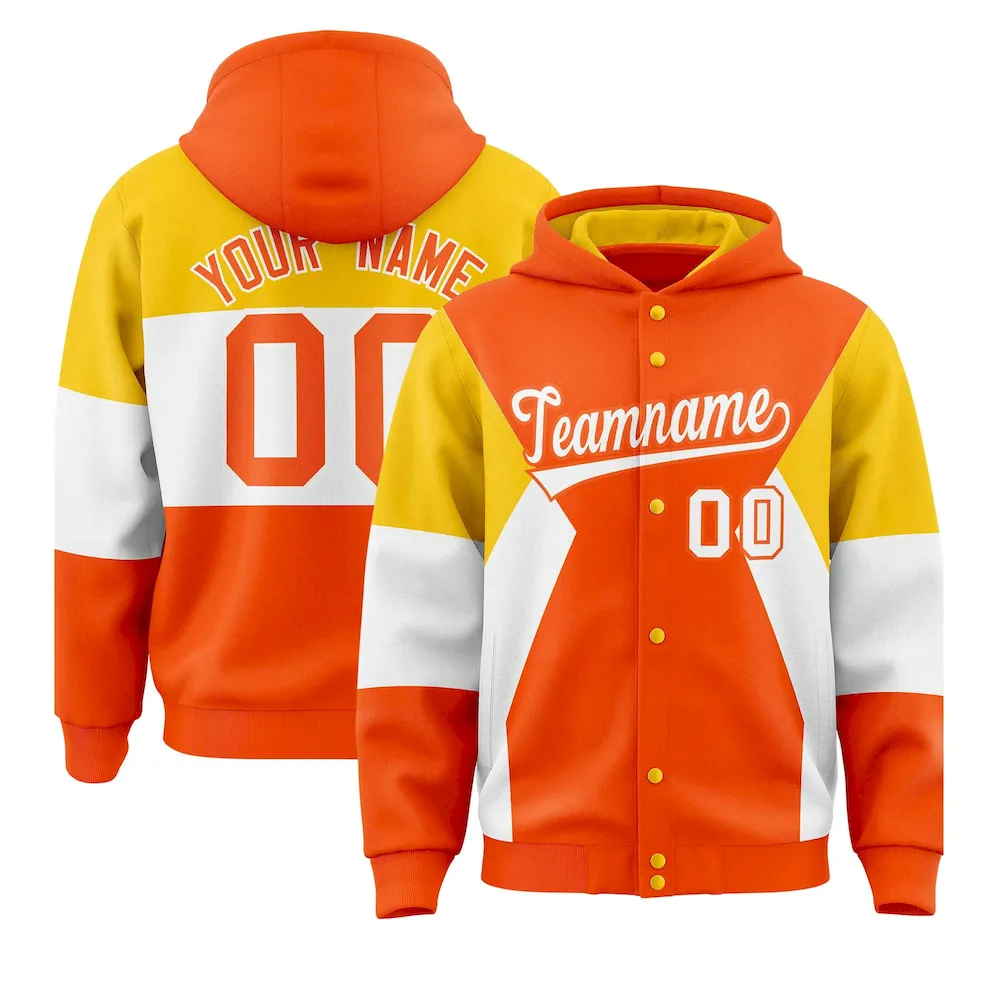 Custom Orange Gold-White Color Block Varsity Full-Snap Letterman Jacket Hoodie