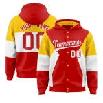Custom Red Gold-White Color Block Varsity Full-Snap Letterman Jacket Hoodie