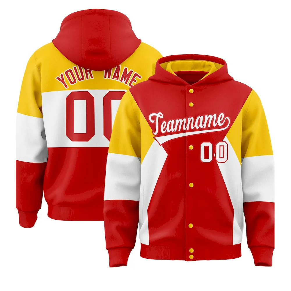 Custom Red Gold-White Color Block Varsity Full-Snap Letterman Jacket Hoodie