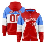 Custom Red Powder Blue-White Color Block Varsity Full-Snap Letterman Jacket Hoodie