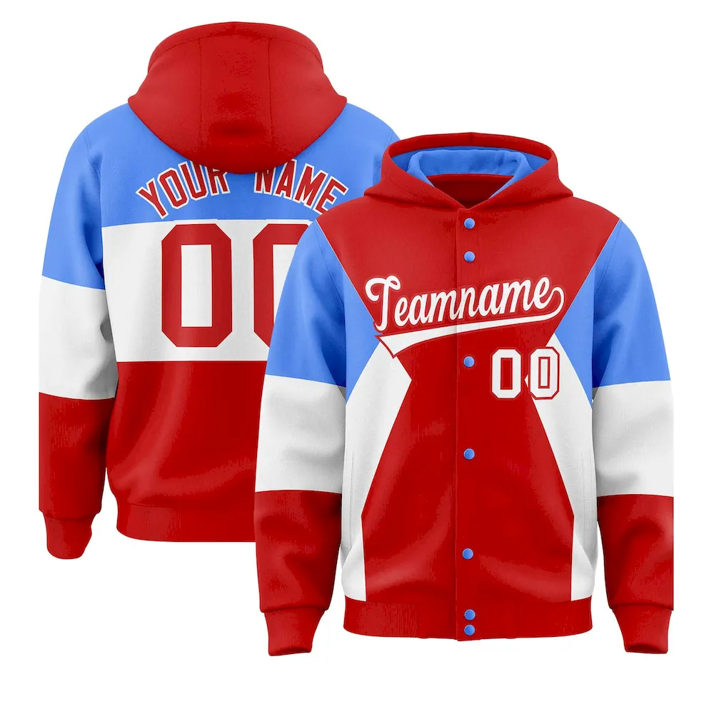 Custom Red Powder Blue-White Color Block Varsity Full-Snap Letterman Jacket Hoodie
