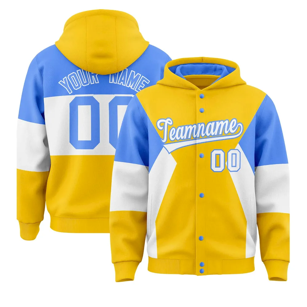 Custom Gold Powder Blue-White Color Block Varsity Full-Snap Letterman Jacket Hoodie