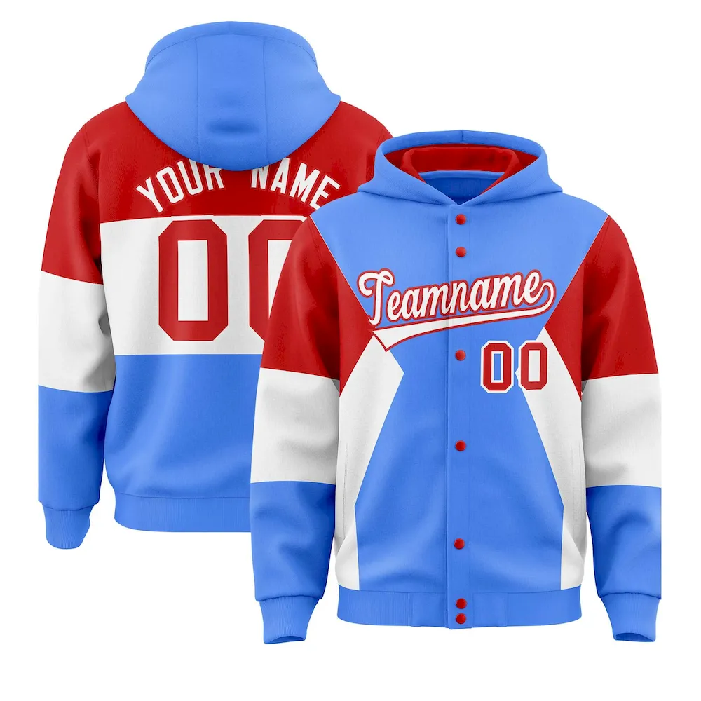 Custom Powder Blue Red-White Color Block Varsity Full-Snap Letterman Jacket Hoodie