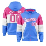 Custom Powder Blue Pink-White Color Block Varsity Full-Snap Letterman Jacket Hoodie