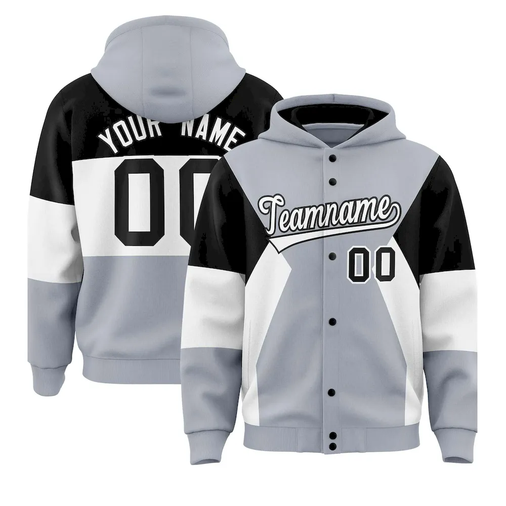 Custom Silver Black-White Color Block Varsity Full-Snap Letterman Jacket Hoodie