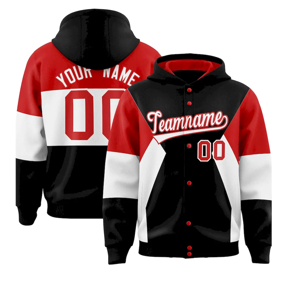 Custom Black Red-White Color Block Varsity Full-Snap Letterman Jacket Hoodie
