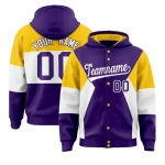 Custom Purple Gold-White Color Block Varsity Full-Snap Letterman Jacket Hoodie