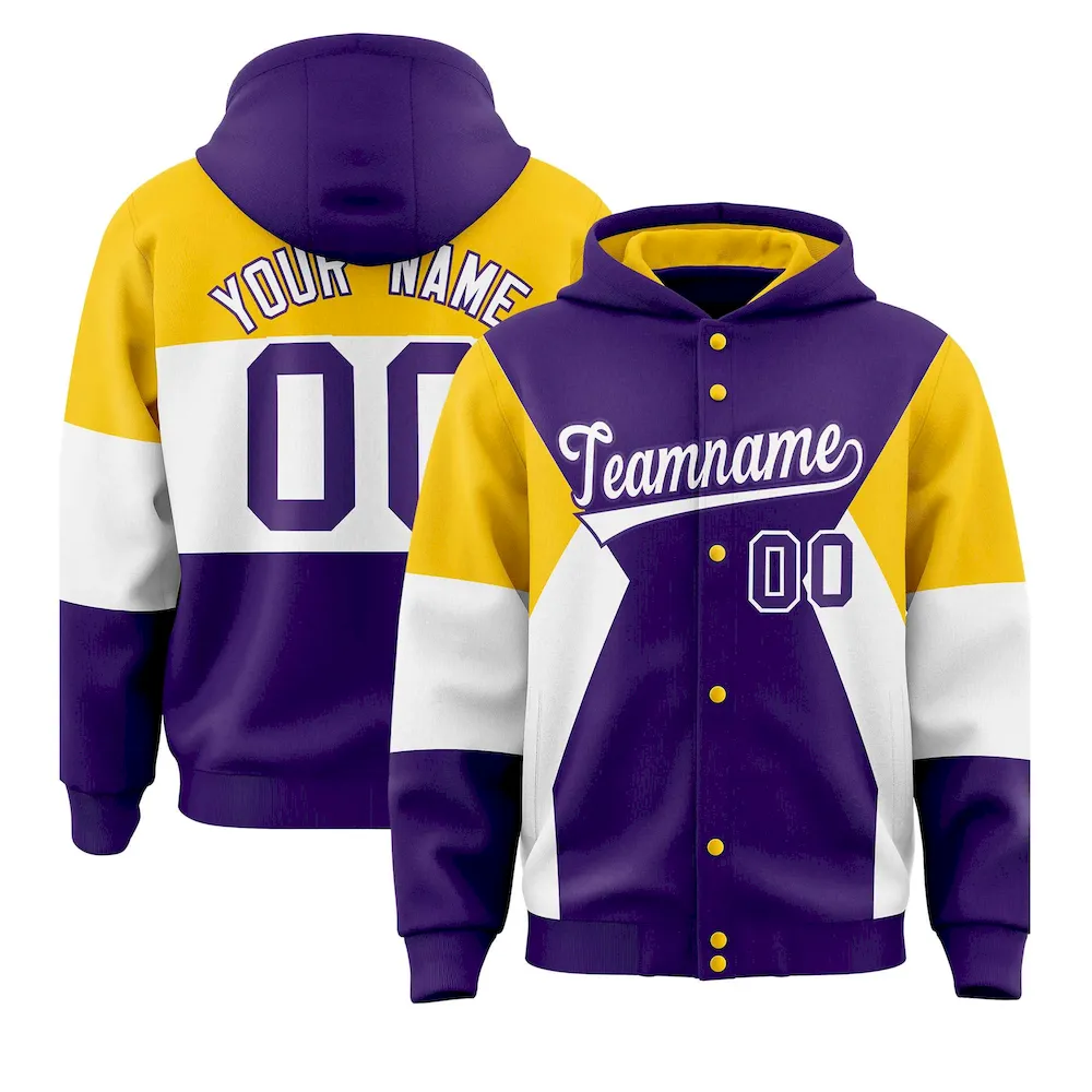 Custom Purple Gold-White Color Block Varsity Full-Snap Letterman Jacket Hoodie